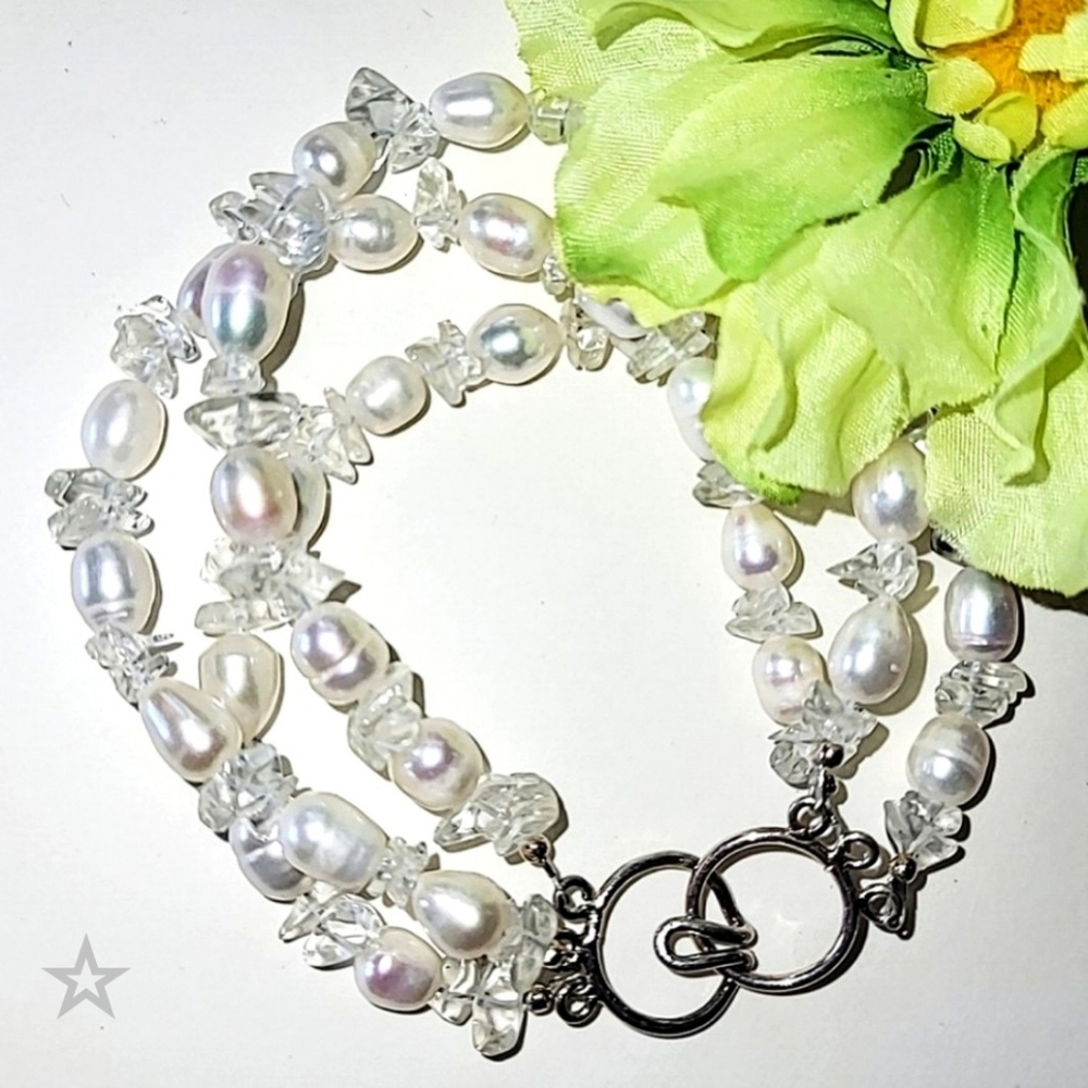 WHITE PEARL & QUARTZ CRYSTAL 3-STRAND BRACELET - GENUINE FRESHWATER PEARLS